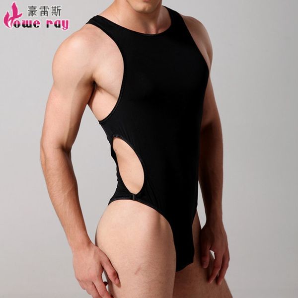 

body homme men's ice silk underwear side seam hollow out activities buckle bodysuits transparent men jumpsuit, Black;brown