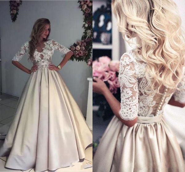 

2019 beach wedding gowns ivory and champagne v neck sheer 3/4 long sleeves waist ribbon court train pearls buttons closure bridal gowns, White