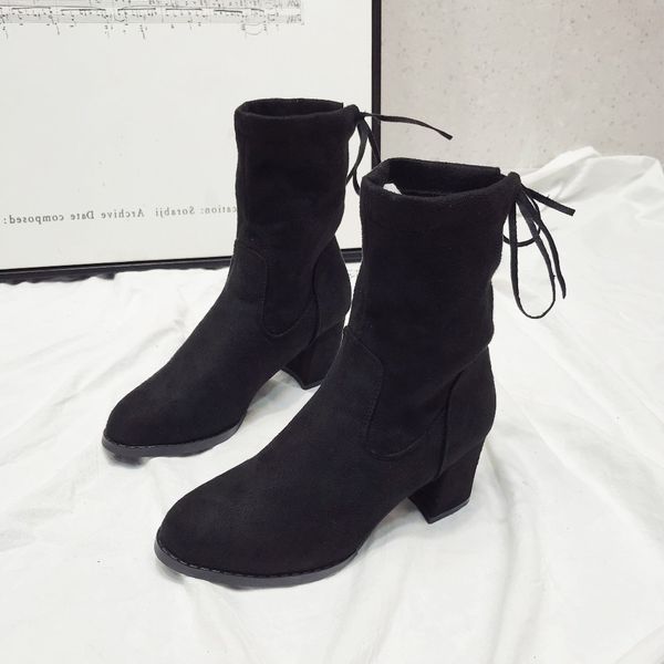 

pump women ankle boots thick heel round toe shoes woman autumn flock square heel suede ladies boots botas zapatos, Black