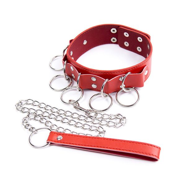 Sexy Sklavin Rot 5 O-Ringe Verstellbares Bondage Halsband mit Leine Fetish Fantasy #T56