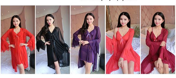 

lace lingerie women big code europe and america burst the perspective of foreign trade lady gauze strap nightgown three-piece set, Black