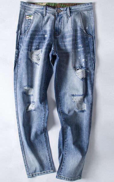

2018 spring summer men jeans stretch loose ripped hole washed men denim jeans dot disstressed casual male quality, Blue