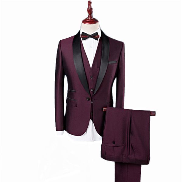 

mens formal wedding 3 piece suit business slim fit shawl lapel groom tuxedos men single breasted wine red evening suit blazer, White;black