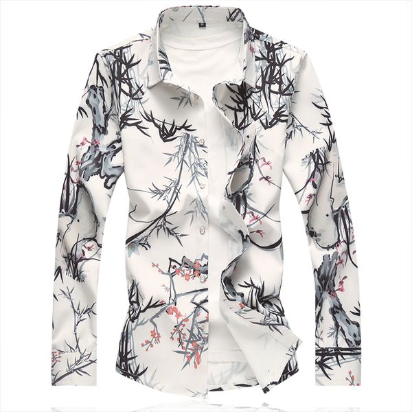 

fashion bamboo print shirt men 2018 autumn new arrival slim fit long sleeve shirt mens clothing mens casual flower shirts -7xl, White;black