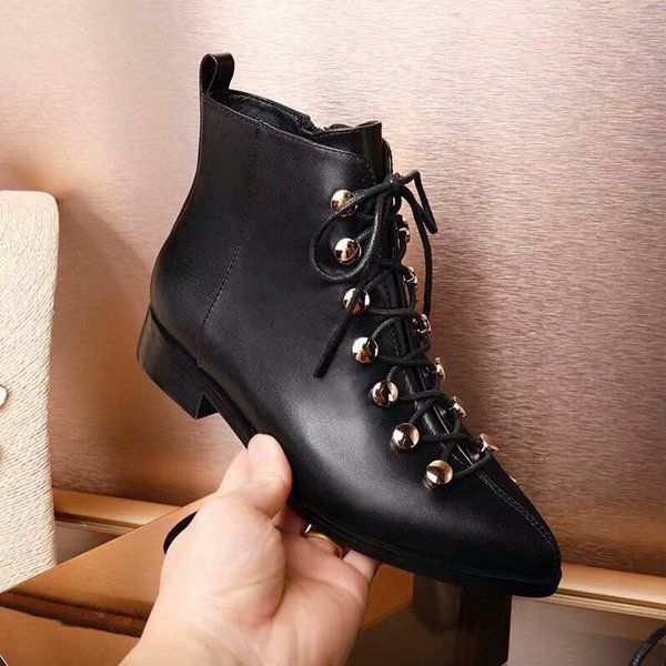 

[orignal box] new arrival women ankle metal buckle lady real leather winter low heel shoes pointed toes casual lace up boots, Black