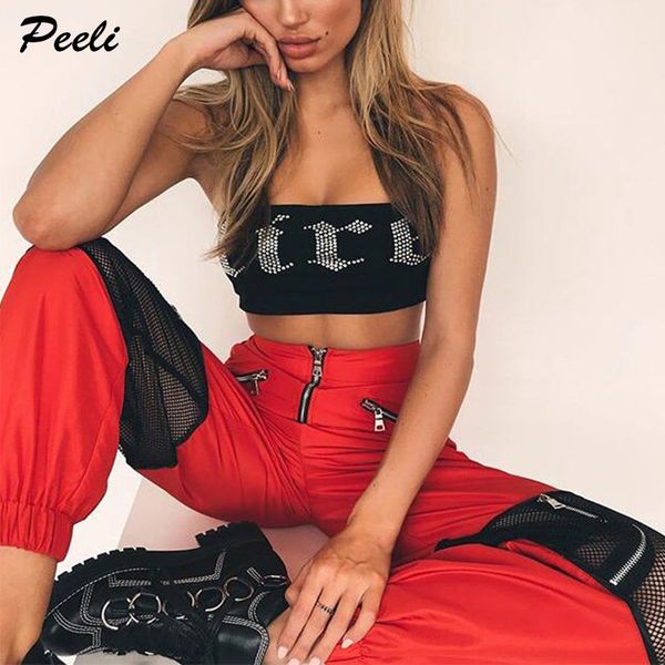 Peeli Mesh Patchwork Women Cargo Pants Sexy Hollow Out SweatPants Streetwear 2018 Pantaloni a vita alta Femme Zipper Pantaloni lunghi