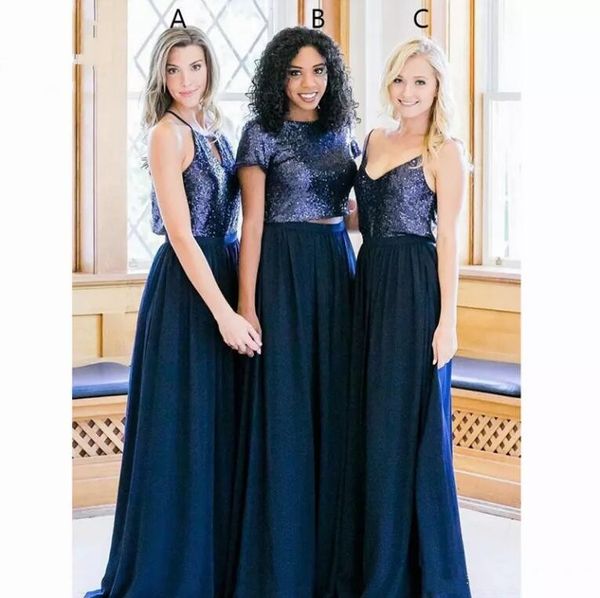 

dark navy 2020 sparkly sequined bridesmaid dresses long wedding party dress a line chiffon straps boho beach wedding guest party wear, White;pink