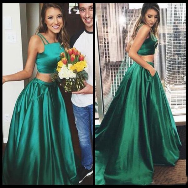 

Emerald Green Long Prom Dresses 2 Pieces Satin A Line Spaghetti Floor Length Formal Prom Dress Women Special Occasion Evening Party Wear