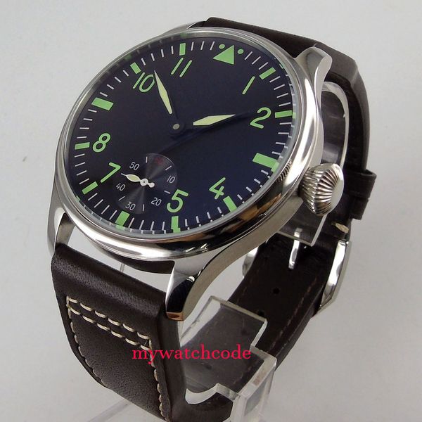 

new arrive 44mm black dial green luminous sea-gull 6498 hand winding mens watch, Slivery;brown