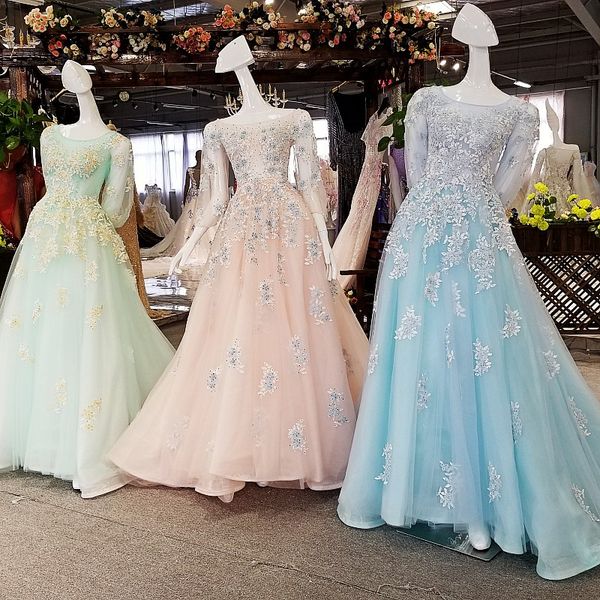 

2019 принцесса вечерние платья аппликации с длинными рукавами зашнуровать назад розовый синий зеленый органза платья партии длинные реальные, Black;red