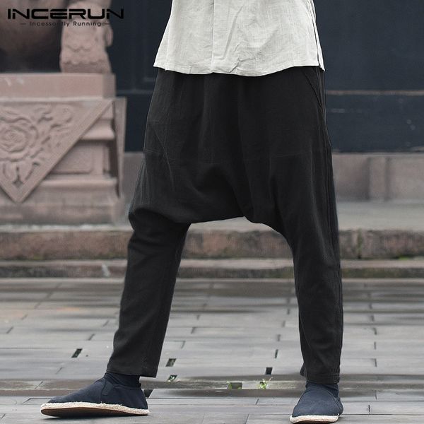 

incerun 2018 men's harem pants solid elastic waist drop crotch baggy trousers men cotton joggers casual hip-hop long pants s-5xl, Black