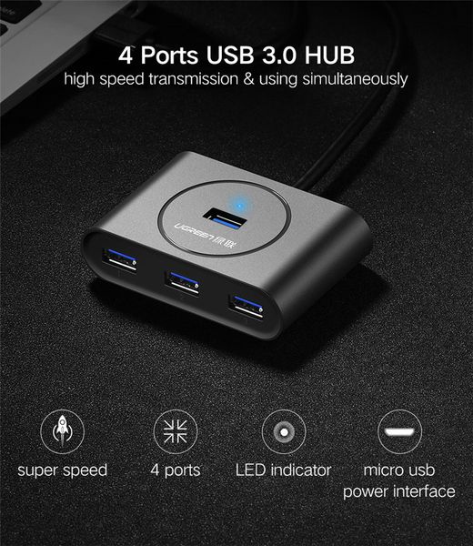 Ugreen USB HUB 3.0 Splitter USB esterno a 4 porte con porta di alimentazione micro per computer iMac Accessori per laptop HUB USB 3.0