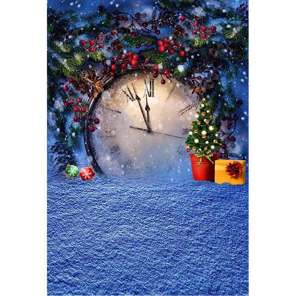 Blue Christmas Christmas Background Photography Stampato Pino Rami Palle Presenti Fiocchi di neve Grande orologio Natale foto sfondo