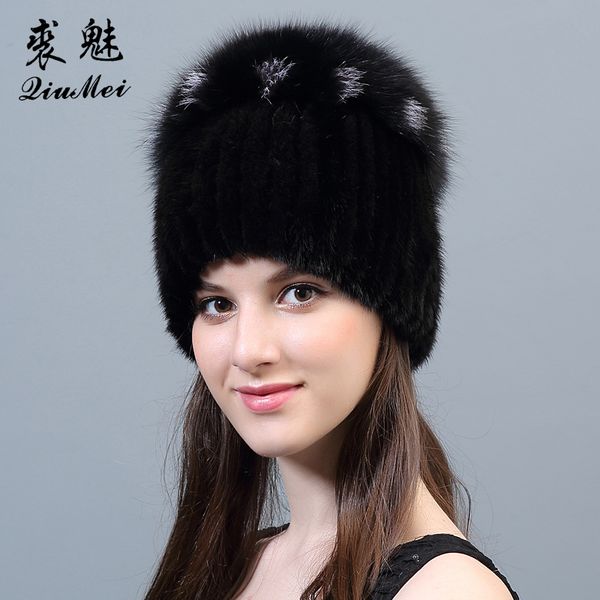 

women real mink fur beanies for winter 2018 hats with luxury pompom fox fur cap hats knit hat female hat genuine mink fur d18110102, Blue;gray