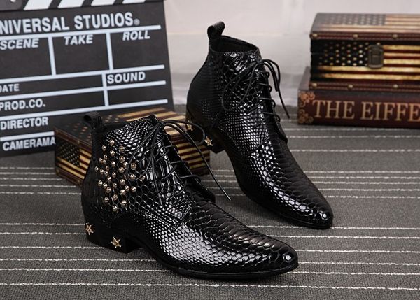 

italy real leather men ankle boots high heel men cowboy shoes metal tip studded lace up python skin punk boots winter, Black