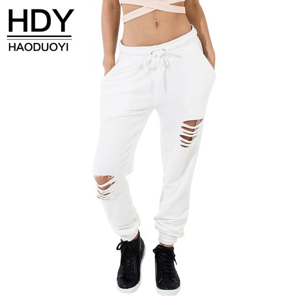 

hdy haoduoyi women loose fit distressed pants white drastring ripped hole long workout trousers sweatpants high waist pants, Black;white