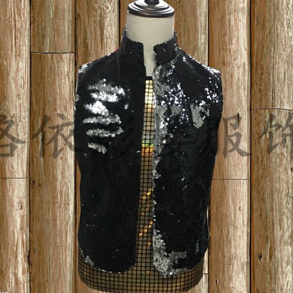 

nightclub large size men's singer bar dj rock gold ,black stand collar silver sequin hip-hop stage performance costume /s-5xl, Black;white