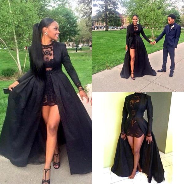 Quente Preto Prom Vestidos Dois Peças Jóia Pescoço Renda Curto Dress Com Manga Longa Delicada Tafetá Jacket Vestidos de Noite Feito Personalizado