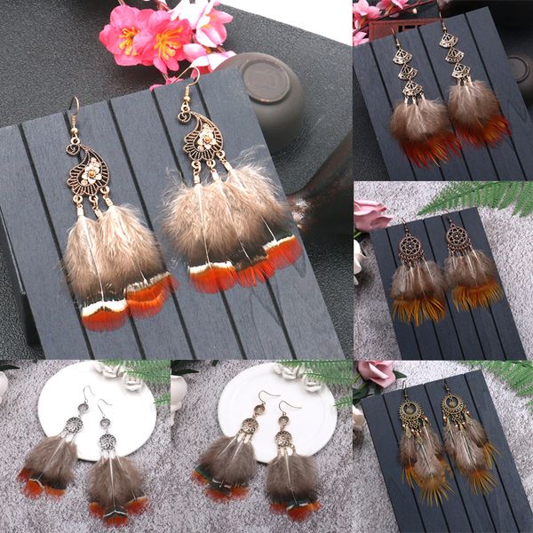

fashion feather earrings peacock hollow crystal flowers long tassel drop earring for women bohemian vintage handmade jewelry, Silver