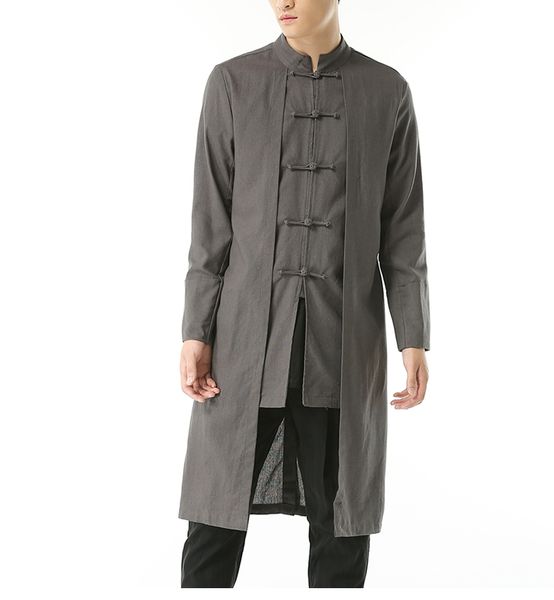 

linen men big linen trench chinese style plus size -5xl men's casual long-sleeve coat x-long turn-down collar, Tan;black