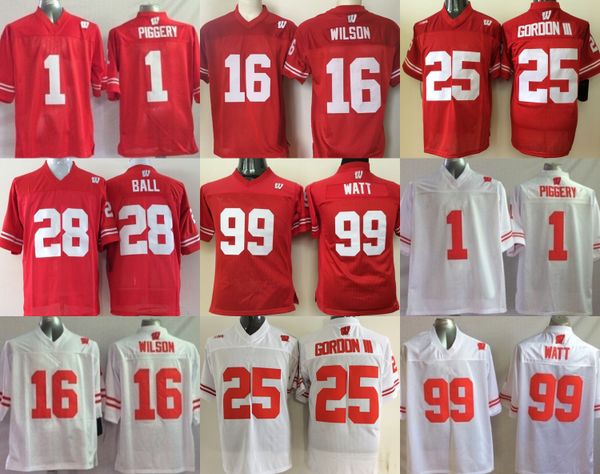 Mens Wisconsin Badgers College Football Jerseys #1 Piggey 16 Russell Wilson 25 Mein Gordon III 28 Bola 99 J.J. Watt vermelho branco