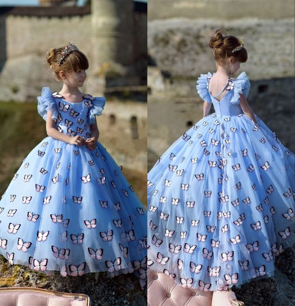 Borboleta Azul Gelo Flor Meninas Vestidos 2019 Mangas Ruffles Jewel Neck Ballgown Little Girl Aniversário Formal Vestido de Festa Princesa Inspirado