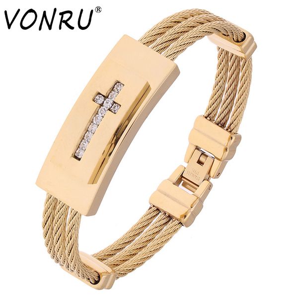 

whole salecrystal gold jesus cross bracelet men jewelry stainless steel mens gold bracelets & bangles 3 rows pulseira masculina jewelry, Black
