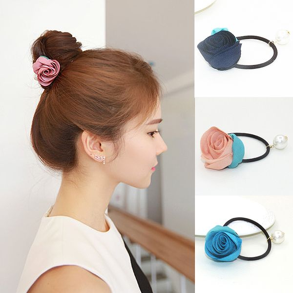 

new disk holder pearls hair ties hair band accessories ponytail rose flower women lady meatball head satin ribbon elastic