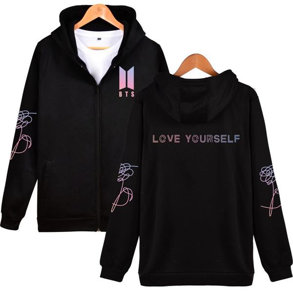 

bts 2018 love yourself tear kpop women/men black white color logo zipper hoodieswinter warm fake love sweatshirts 4xl