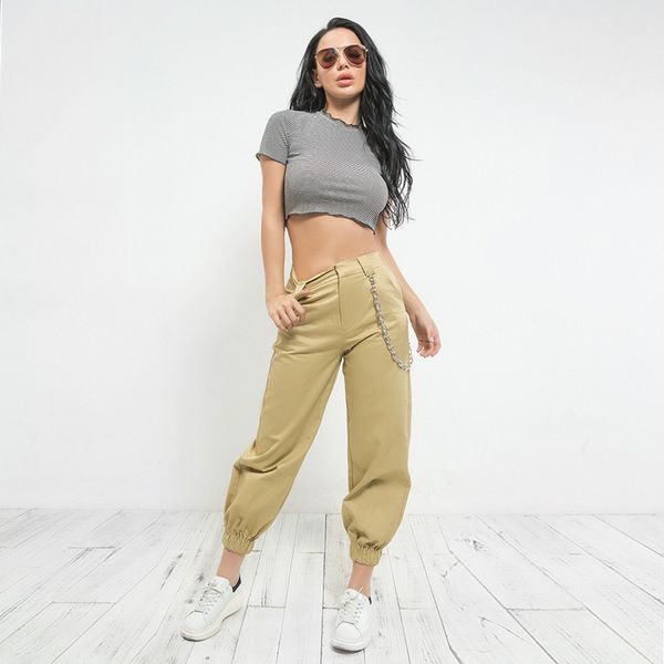 

wkoud 2018 new cargo pants 95% cotton chain high waist loose ankle-length trousers solid bf carrot pants casual overalls p8343, Black;white