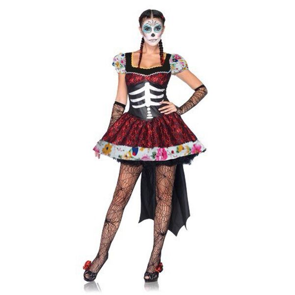 

mexican day of the dead horror zombie ghost bride costume woman cosplay dress black witch scary skeleton demon haloween dress, Black;red