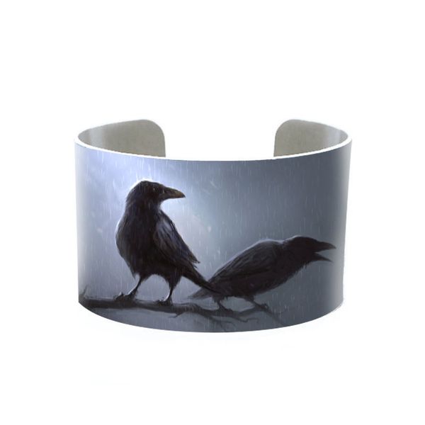 

trendy raven crow jewelry brushed silver cuff bracelet metal bangle with crows ravens in black cuffs blackbird gothic gifts enamel ban