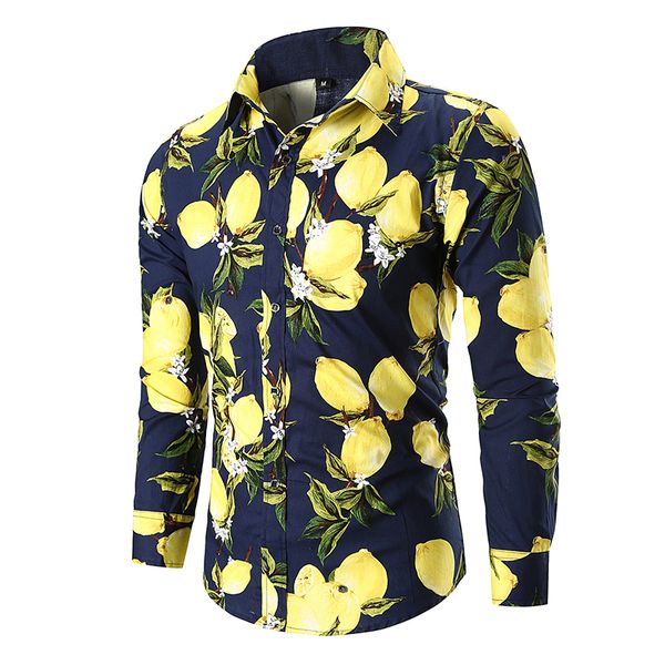 

3d lemon print long sleeve shirt men 2019 brand new casual fruit print long sleeve business slim fit formal shirt, White;black