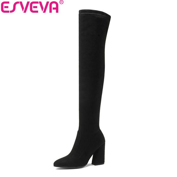 

esveva 2019 women boots slip on shoes over the knee boots stretch fabrics pointed toe hoof high heels ladies size 34-43, Black