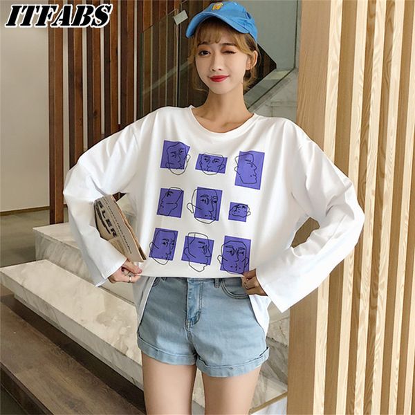 

hirigin women facial expression print long sleeve o-neck loose fashion ladies autumn warm casual basic t-shirt, White