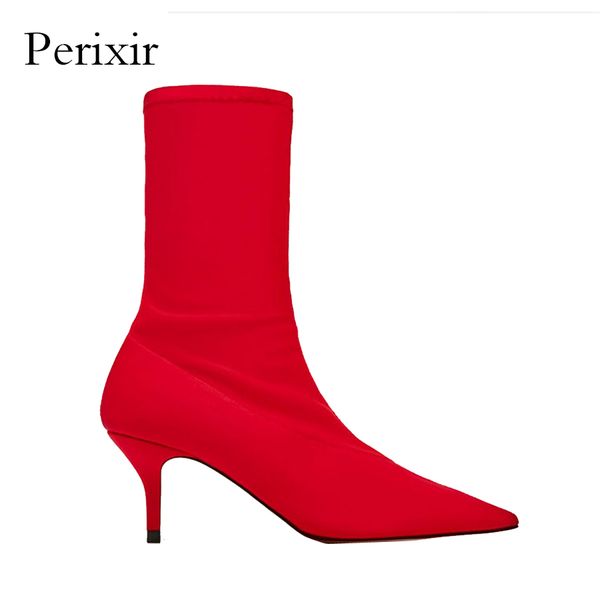 

perixir 2018 new women sock boots pointed toe elastic high boots slip on high heel ankle women pumps stiletto botas, Black