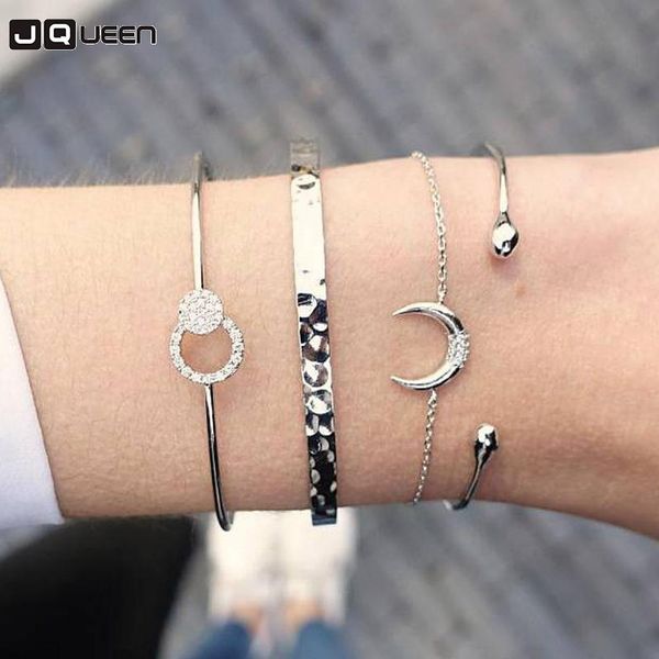 

4pcs/set moon bracelets&bangles for women fashion alloy gold color crystal simple multilayer bracelets jewelry gifts accessories, Black