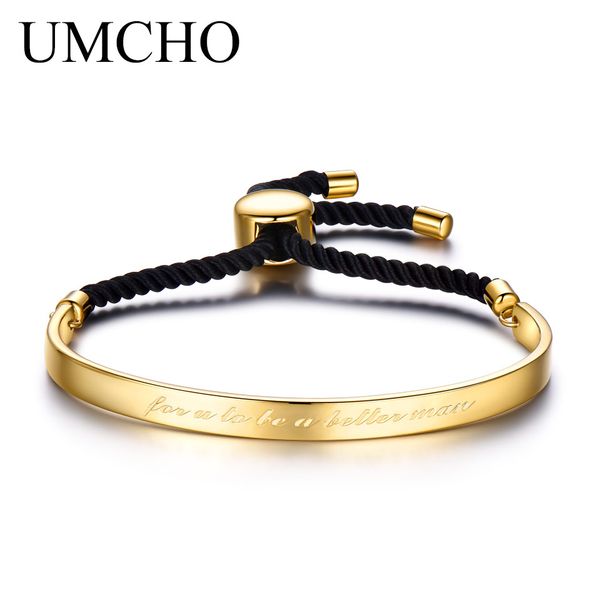 

umcho adjustable love cuff bracelets bangle real 925 sterling silver jewelry yellow gold color double sides rope jewelry new, Golden;silver