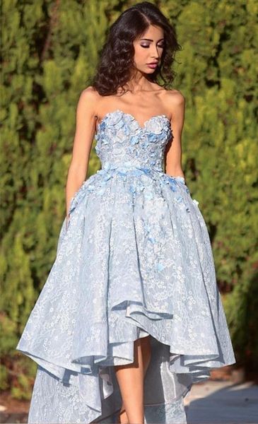 

High Low Lace Prom Dresses Sweetheart Ball Gown Blush Pink Party Dresses Plus Size Light Sky Blue Backless Hi-lo Evening Dresses