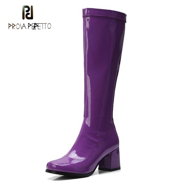

prova perfetto new design purple blue black patent leather women knee high boots square toe chunky high heel motorcycle boots