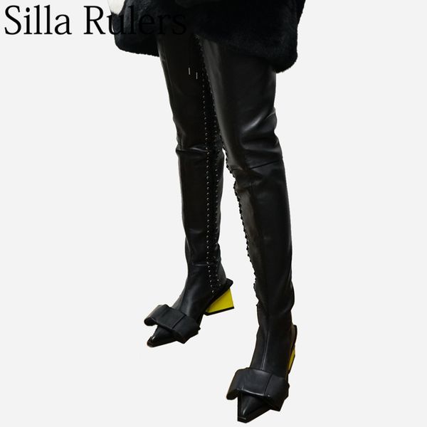 

silla rulers 2018 new lace up thigh high boots woman pointed toe butterfly knot strange style heel over the knee boots for woman, Black
