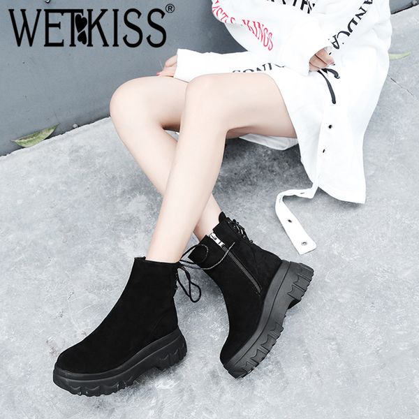 

wetkiss fashion casual women ankle boots cross tied round toe footwear flock female boot platform girl shoes woman 2018 winter, Black