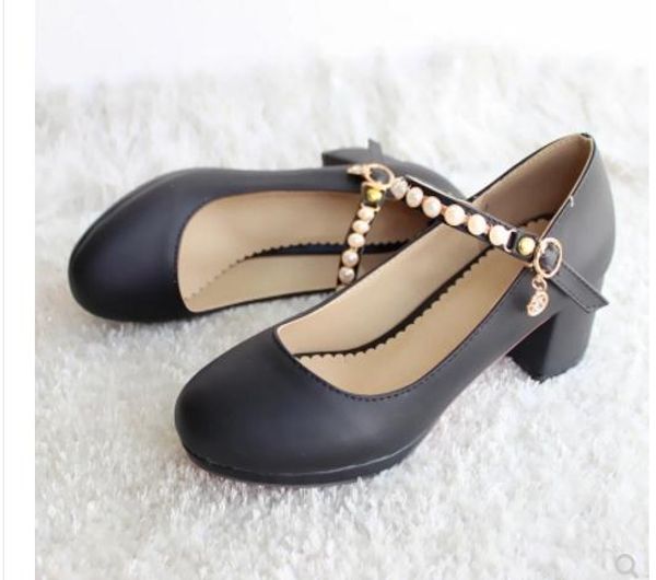 

send 2018 spring and autumn new style shallow mouth single shoes women's middle heel coarse heel round head waterproof shoes, Black