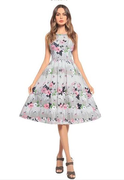 

2018new women's print dress flowers printed retro hepburn dresses fashion dresses elegant frock a-line dress size s  l xl 2xl, Black;gray