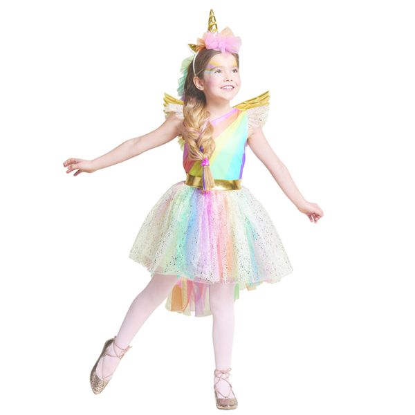 

girls' dress rainbow with headband halloween christmas cosplay costume kids 2018 summer dress party dress, Black;red
