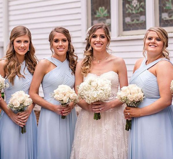 

sky blue pleats chiffon bridesmaid dresses v-neck sleeveless long prom evening party dresses bridesmaids dresses, White;pink