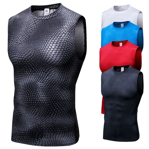 

5 colors 2018 high elastic men's compression tights gym tank quick dry sleeveless sport shirt mens vest tee cool running, Gray