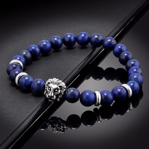 

6cm fashion men's blue sodalite silver lion head beaded yogo stretch bracelet, Black