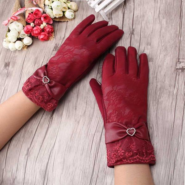 

miya mona woman gloves beautiful women heart botton rose lace style leather gloves winter finger soft gift for lady, Blue;gray