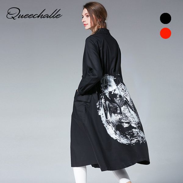 

queechalle black red plus size women's windbreaker autumn trench coat female back fashion print drawstring waist loose long coat, Tan;black